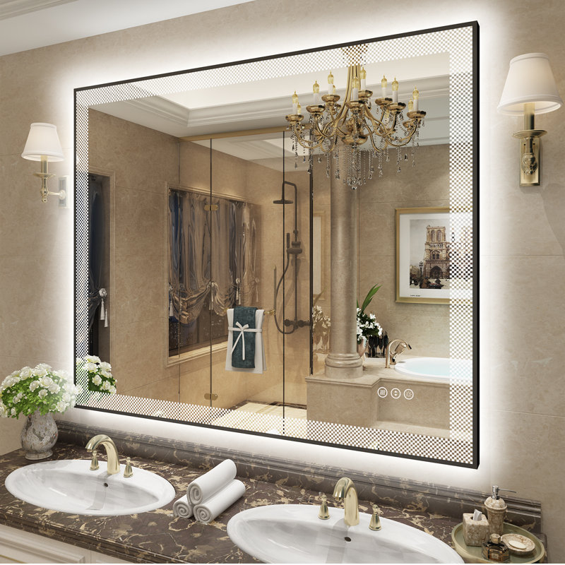 Aevar Checkerboard Framed Super Bright Front & Back LED Lighted Anti-Fog Tempered Glass Bathroom/Vanity Mirror with ETL & 3-Year Warranty