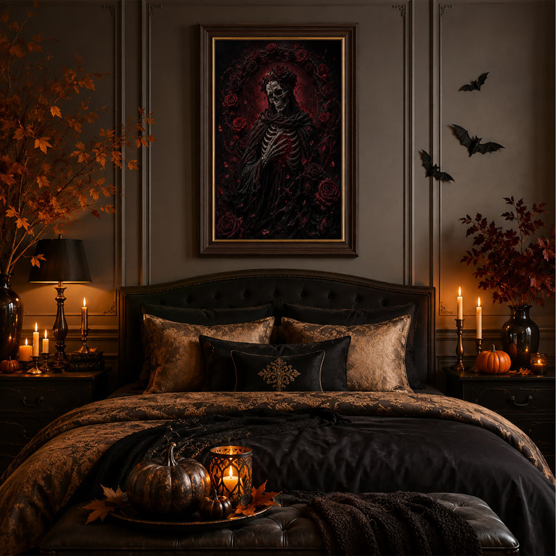 «Black Robed Skeleton tenant une rose rouge», H 24 po x l 16 po