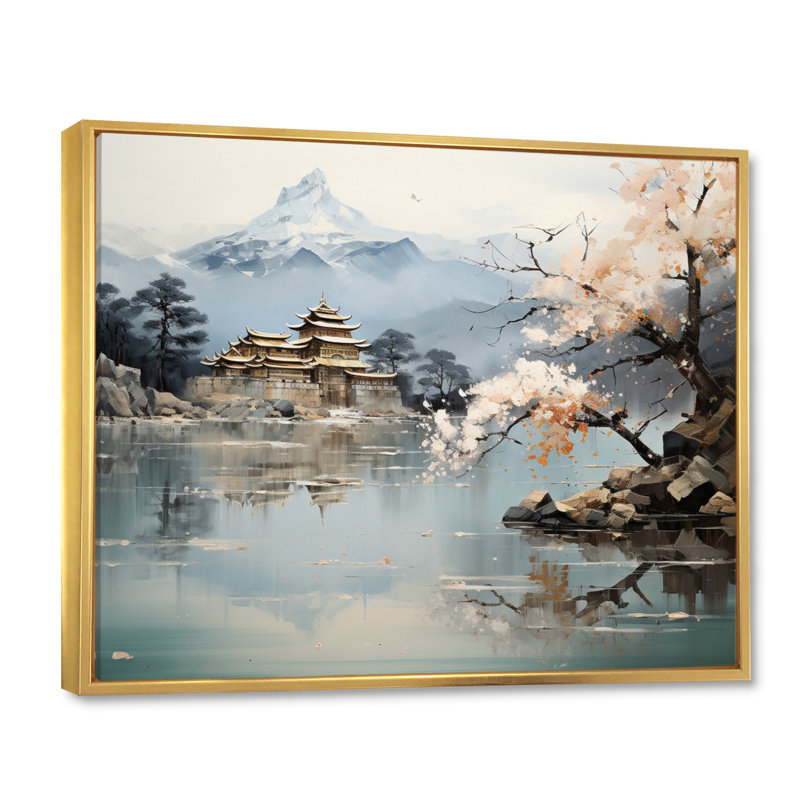 Art asiatique paysage impérial II - art mural asiatique, H 30 po x l 40 po, Doré, Reproduction avec cadre flottant
