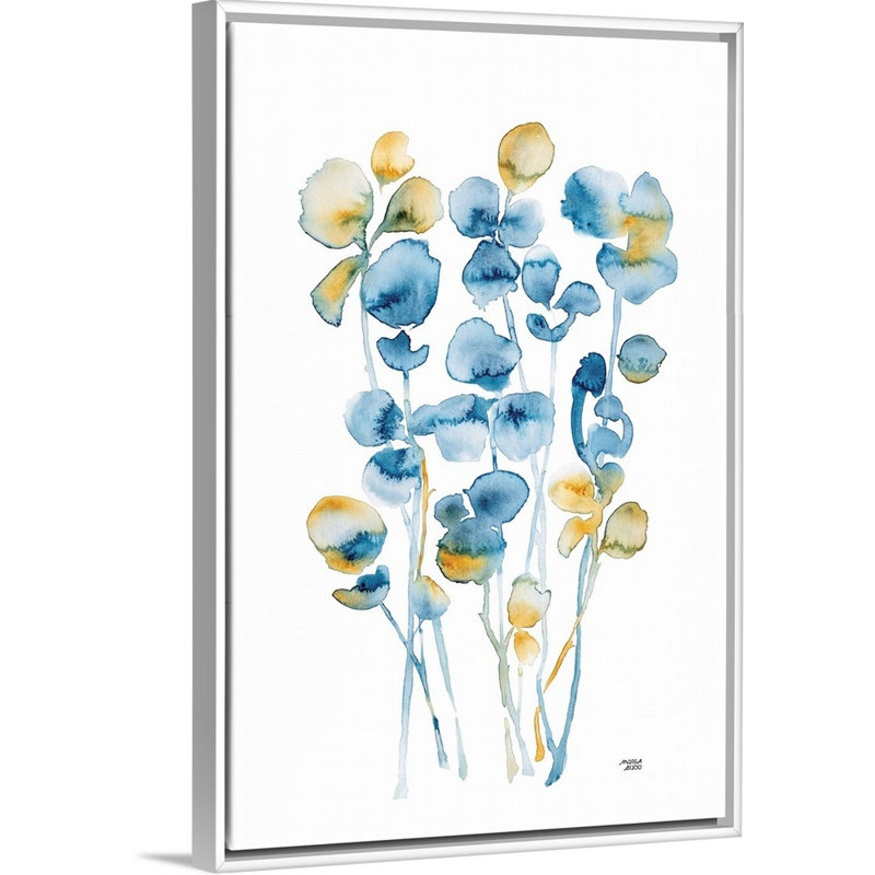 «Blue and Gold Watercolor Floral» par Andrea Bijou, reproduction d'art sur toile, Cadre blanc, H 26 po x l 18 po x P 1,75 po