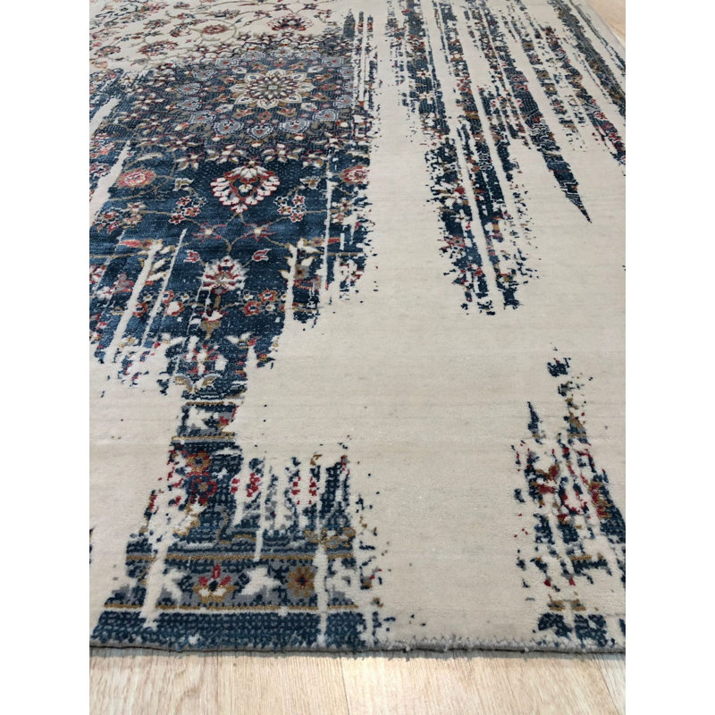 8x10 Ivory Machine Made Wool Viscose Distressed Floral Cascade Geometric Modern Contemporary Carpet Rug