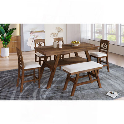 Ensemble de table de salle à manger 6 pièces à hauteur de comptoir en bois avec tablette de rangement, ensemble de table de cuisine avec banc et 4 chaises, style rustique