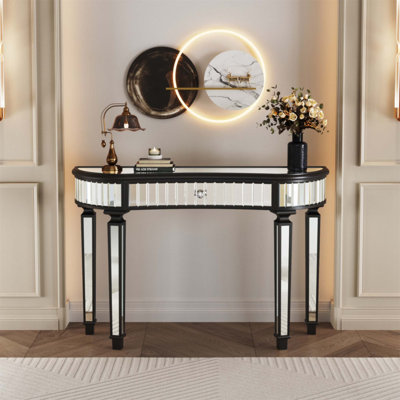 Console à miroir en demi-lune de 47 pouces avec tiroir en verre cannelé et poignée en cristal, parfaite pour les vestibules et les chambres à coucher