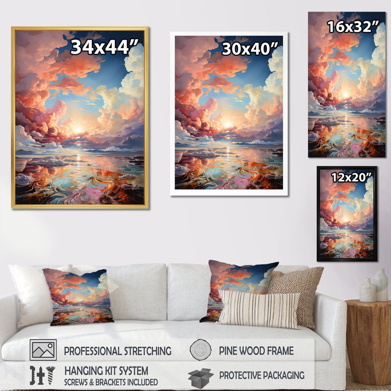«Clouds Sunset», impression à l'encre liquide sur toile VI, Cadre naturel flottant, H 44 po x l 34 po x P 1,5 po