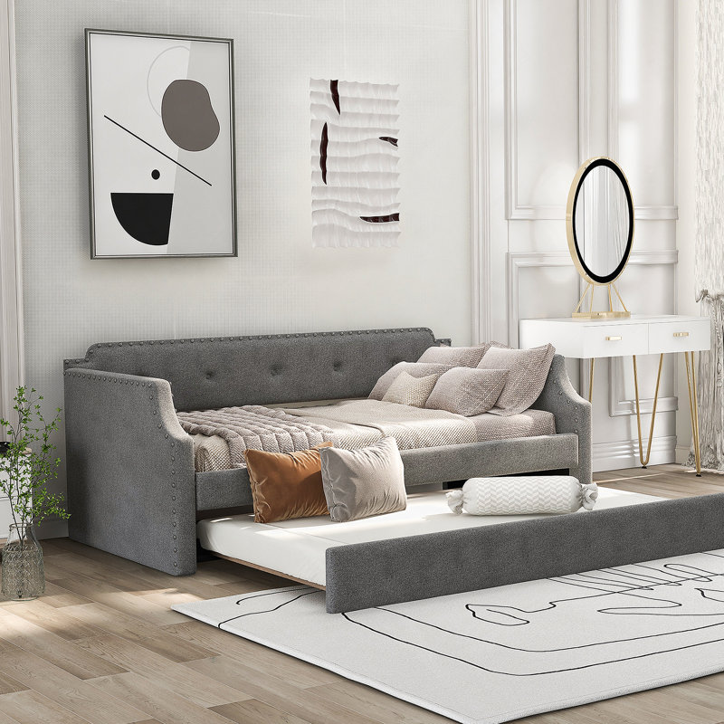 Upholstered Daybed With Trundle, Wood Slat Support,Upholstered Frame Sofa Bed, Gray