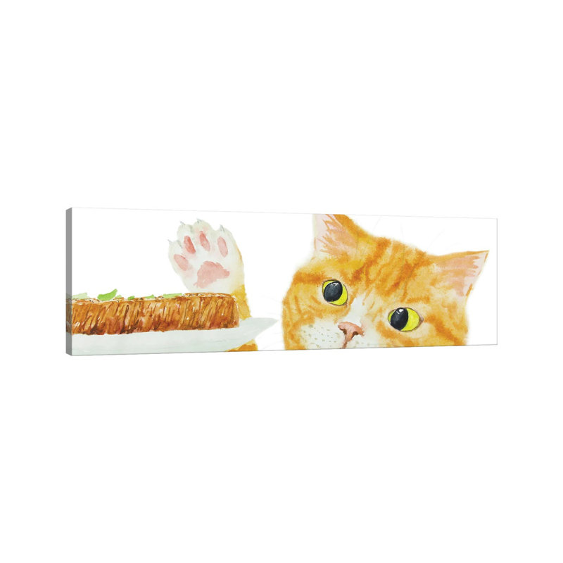 Orange Cat And Steak by Alexey Dmitrievich Shmyrov - Wrapped Canvas Panoramic Print, 30.48 cm H x 91.44 cm W x 3.175 cm D