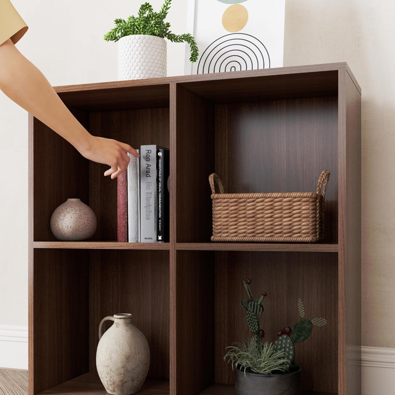 Latitude Run® Bookcase, 4 Cube Open Storage Organizer Display Bookshelf, Walnut