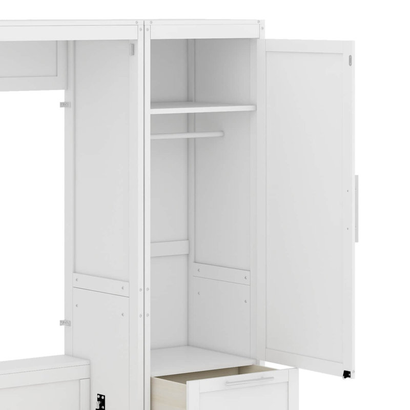 Grand lit escamotable avec tiroirs et tablettes, Blanc