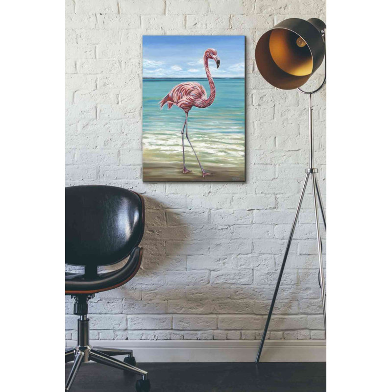 «Beach Walker Flamingo I» par - impression sur toile tendue, H 26 po x l 18 po x P 0,75 po