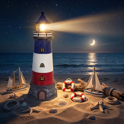 Blue White Striped Solar Lighthouse Statue