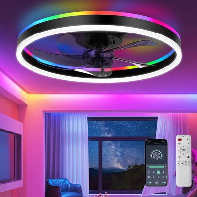 Ventilateur de plafond encastré 20 po avec lumière RVB, ventilateur de plafond moderne fermé à profil bas avec télécommande et contrôle d'application, moteur à courant continu réversible pour chambre à coucher, salon, chambre d'enfants