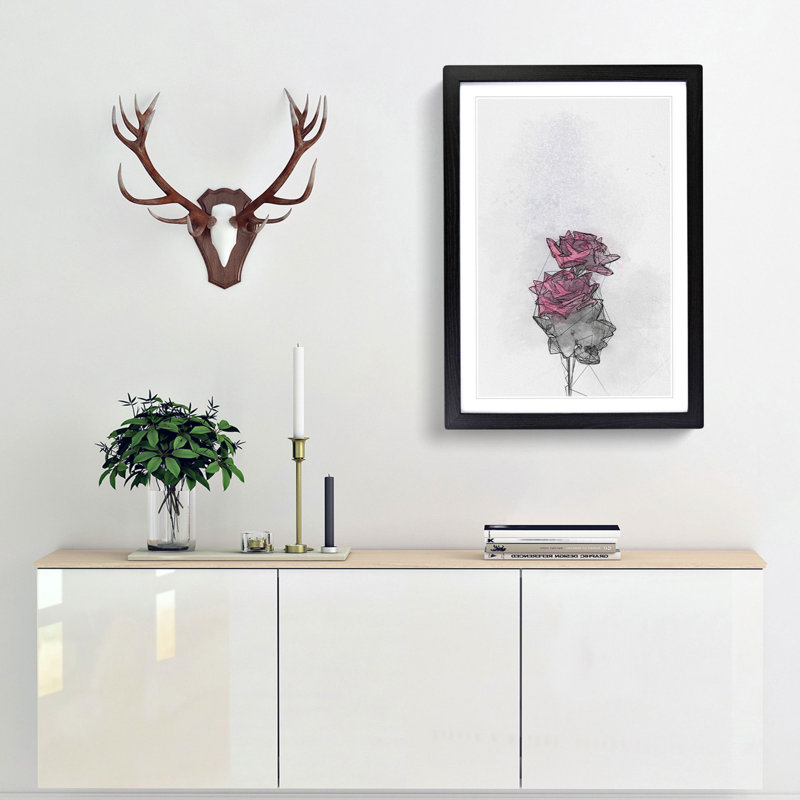 Two Pink Roses in Abstract - Picture Frame Graphic Art Print, 87cm H x 62cm W x 2cm D, Black Framed