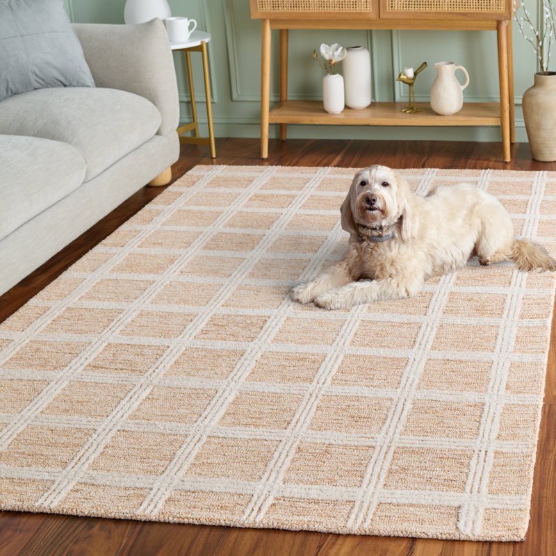 Pine Hand Tufted Wool/Cotton Geometric Area Rug in Orange / Ivory, Rectangle 6' x 9'