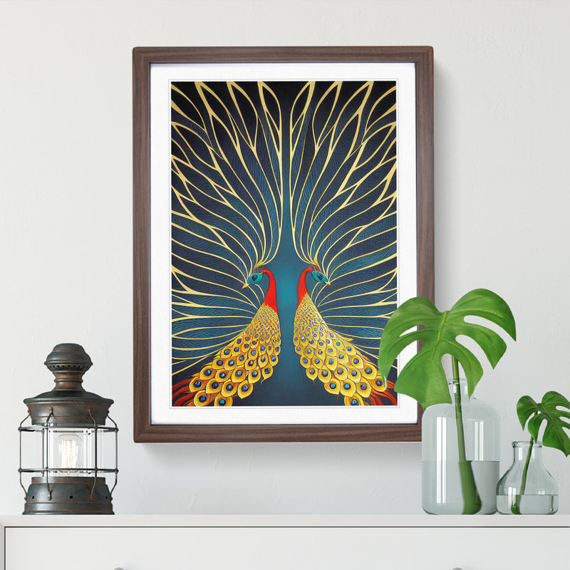 Striking Peacock Art No.3 - Wall Art, 34cm H x 25cm W x 2cm D, Walnut Framed