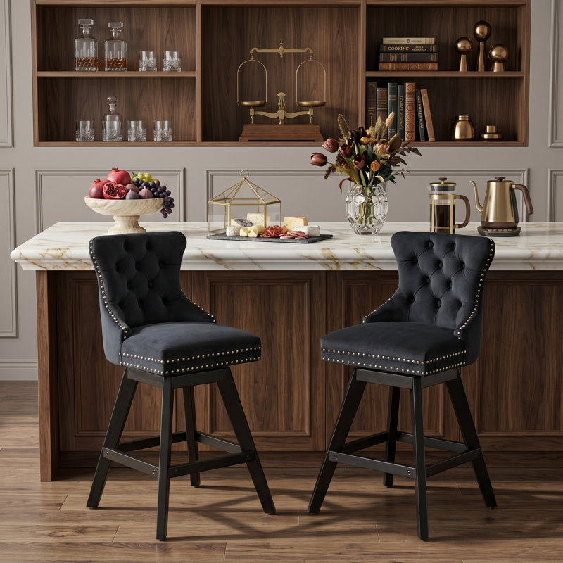 Set Of 2 Bar Stools, Velvet Swivel Stools With Button Tufted Backs And Wood Legs, Chrome Nailhead Trim Accent, Black