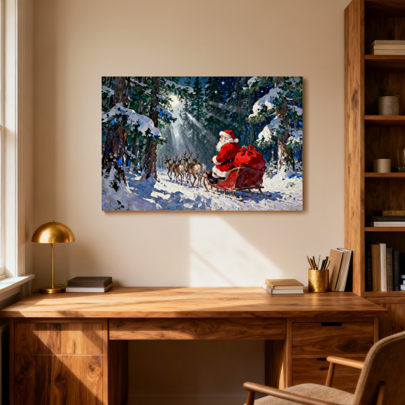 Père Noël à bord d'un traîneau dans la forêt enneigée, H 28 po x l 40 po
