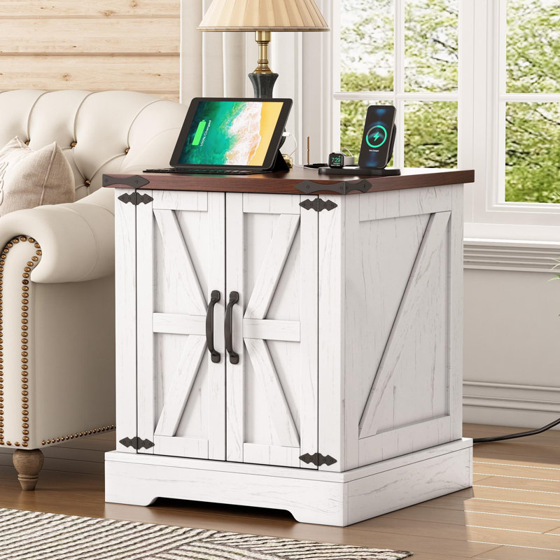 End Table With Storage And Built-in Outlets, White