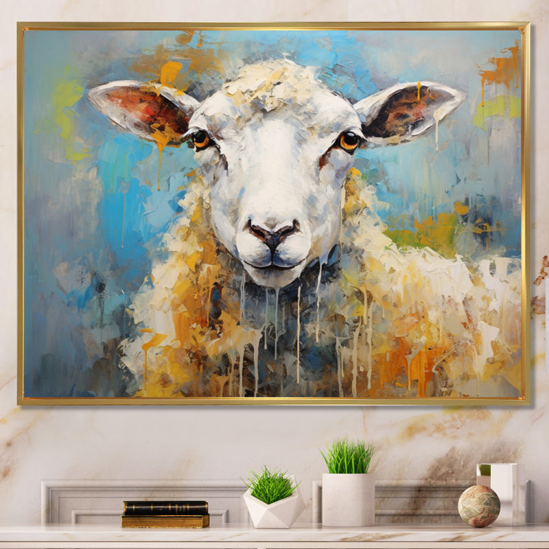 Encaustique bleu et mouton beige - imprimé, Cadre flottant doré, 34" H x 44" W