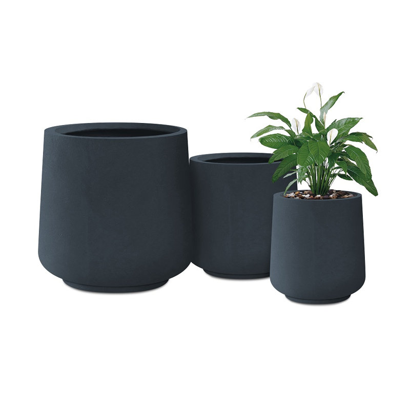Kante Round Concrete Planters, Outdoor Indoor Pots Containers with Drainage Holes Set, Charcoal