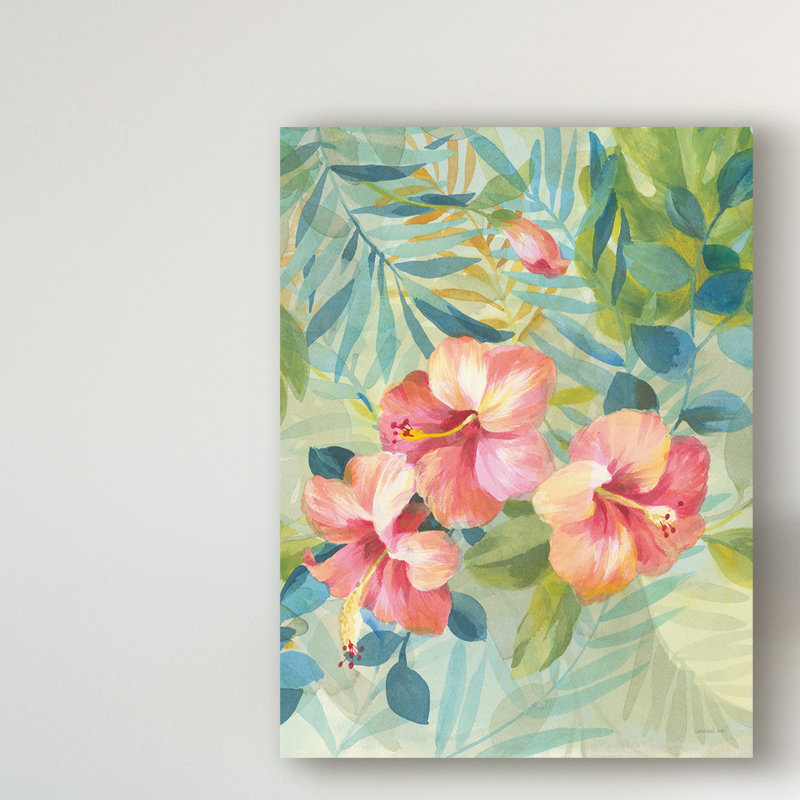 « hibiscus jardin iii », reproduction de peinture à l’aquarelle sur toile tendue, H 24 po x l 18 po x P 2 po