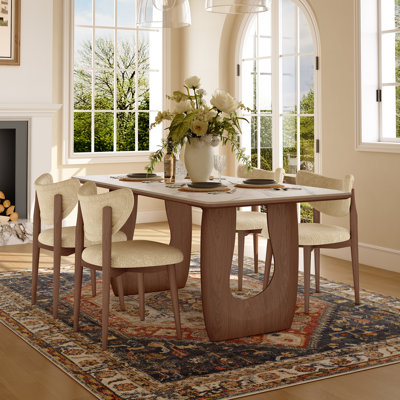 71" Stone Dining Table for 6 with Unique Solid Ash Wood Legs, Snow Mountain Stone Tabletop