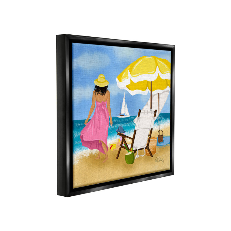«Woman Strolling Beach» par Ale Saiz Studio sur toile, Cadre flottant noir de jais, H 18 po x l 18 po