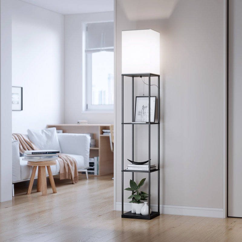 63"Modern Metal Shelf Floor Lamp with Linen Shade, Black