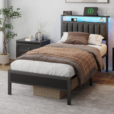 Modern Upholstered Platform Bed Frame with RGB LED Lights, USB Charging & Storage Headboard + Set of 2 Charging Nightstands with AC Outlets, Fabric Drawers, Metal Frame Bedroom Furniture Set, No Box Spring Required