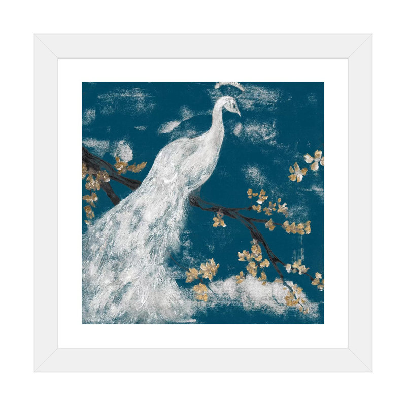 "White Peacock on Indigo I" par Jennifer Goldberger-impression, H 16 po x l 16 po x p 1 po, Papier encadré blanc