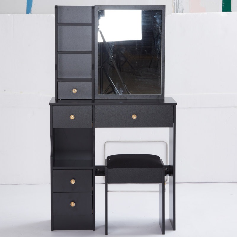 Compact Left Drawer Desktop Vanity Table with Cushioned Stool, Large Sliding Mirror, and Multi-Layer Storage for Small Spaces