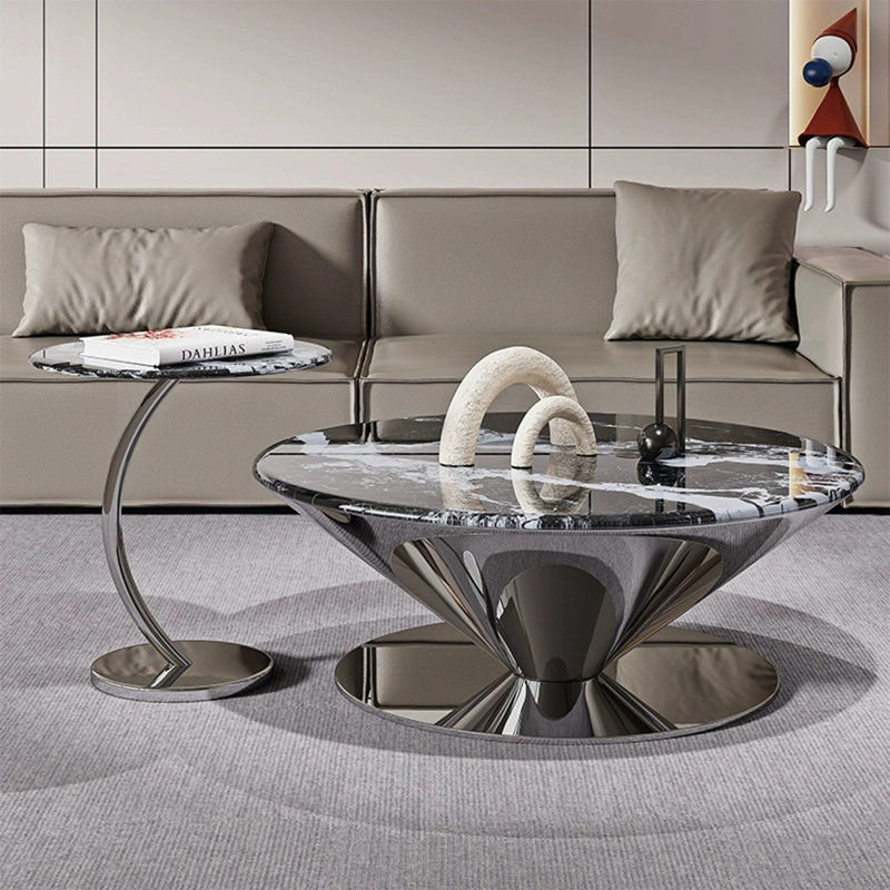 White Marble-Patterned Stone Round Nesting Coffee Table Set, 17.72" H x 53.15" W x 35.43" D, Black and White Pattern / Silver