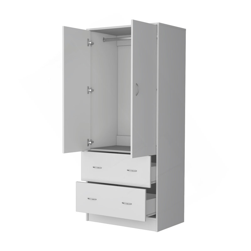 Armoire-penderie Wenden avec 2 tiroirs, 2 portes, grand rangement et tringle, blanc, Blanc
