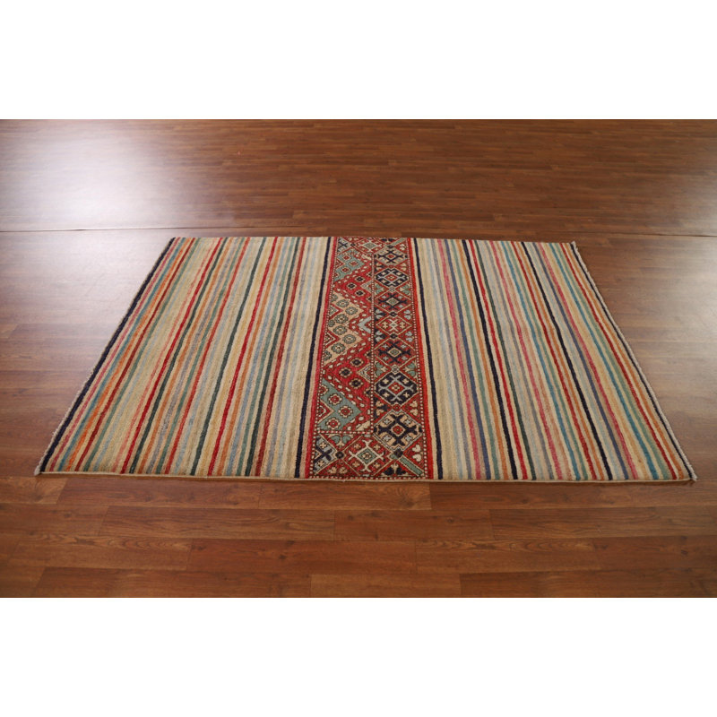 Tapis beige / rouge en laine noué à la main de conception unique 4 pi 2 po x 6 pi 0 po New Age
