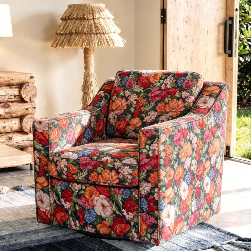 Upholstered Swivel Armchair, Black Floral