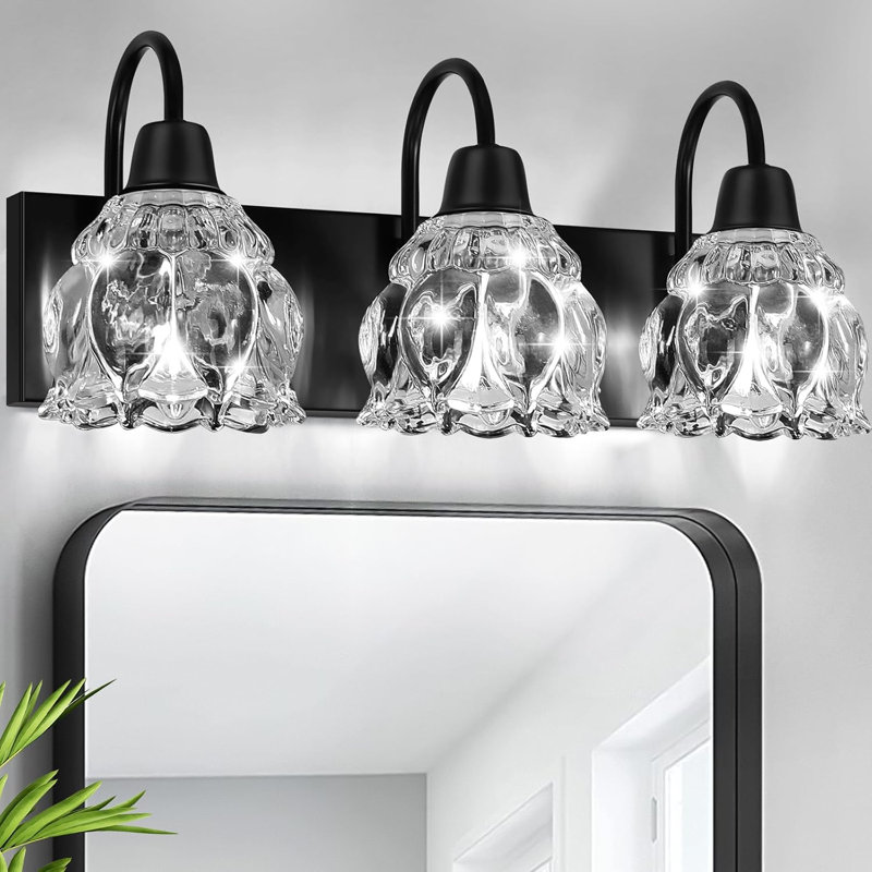 Modern 3-Light Bathroom Vanity Fixture With Flower Glass Shade, Wall Mount Light For Mirror, Kitchen, Bedroom, Hallway, Living Room, E12 Sockets