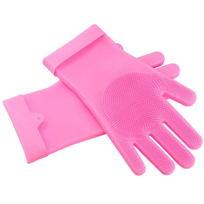 1 paire de gants de lavage en silicone pour brosse à vaisselle en éponge, Pink