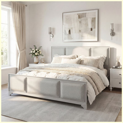 King Size Bed Frame King Size Solid Wood with No Box Spring Needed & Upholstered & Headboard White for Bedroom Living Room