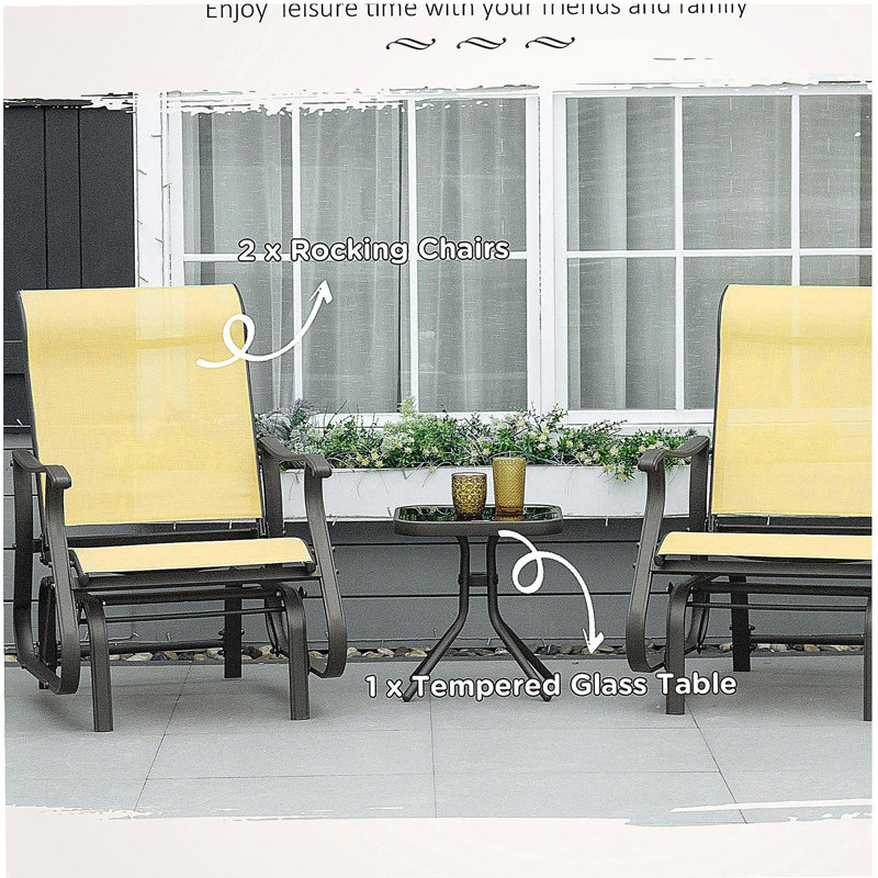 Outsunny 3-Piece Outdoor Gliders Set Bistro Set with Steel Frame, Tempered Glass Top Table for Patio, Garden, Backyard, Lawn, Beige
