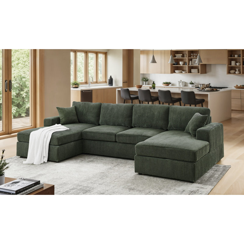 Double-Chaise Corduroy U-Shaped Sectional Sofa, Green