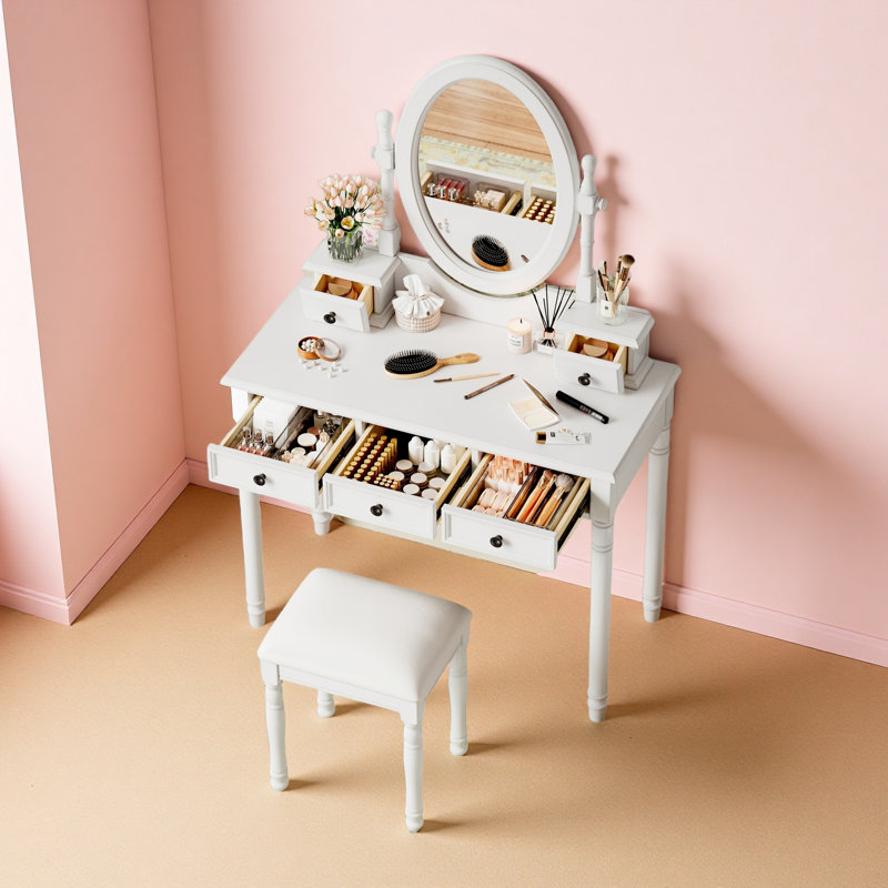 Ensemble de coiffeuse avec miroir à angle réglable, ensemble de coiffeuse et tabouret rembourré à 5 tiroirs, coiffeuse en bois pour chambre à coucher