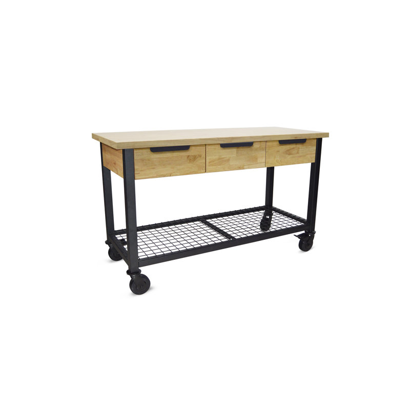 62'' W Solid Wood Top Workbench with Wheels