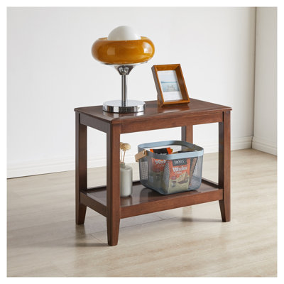 Solid Wood Rustic Side Table with Storage Shelf, Walnut Finish End Table for Living Room