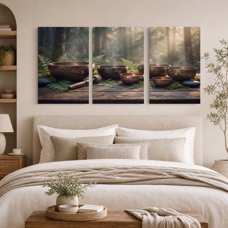 Ensemble de 3 bols chantants en bronze avec fougères en forêt, 36"H x 24"W x 3pcs