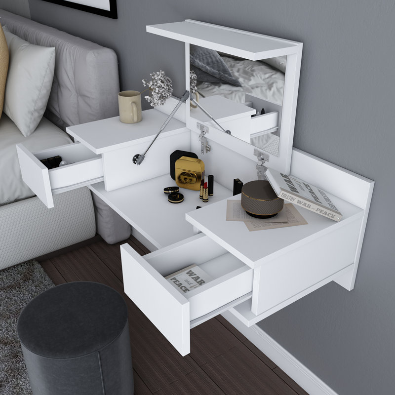 Bureau de coiffeuse flottant avec miroir Lenhardt, Blanc