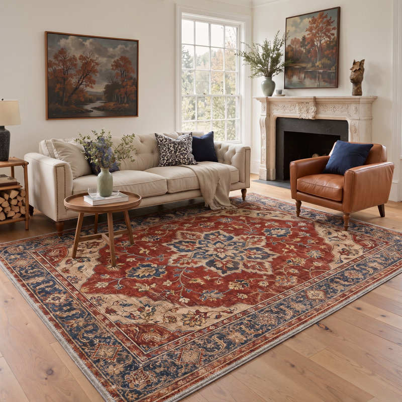 Tapis oriental rouge / beige lavable à la machine avec envers antidérapant, Rectangle 6 pi x 9 pi