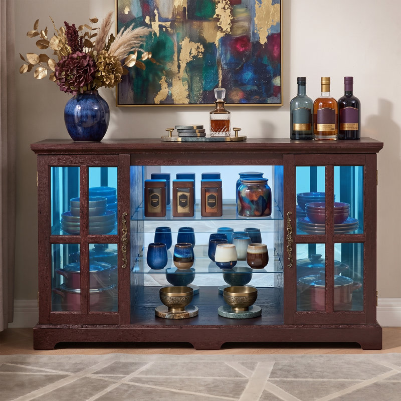 Buffet 54 "en verre avec lumières à changement de couleur, buffet bas avec miroir et tablettes en verre, Cerise foncée