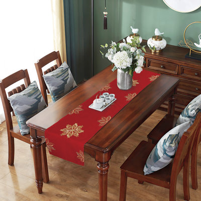 Seasonal Xmas Christmas Holiday Ornaments Solid Vibrant Red Pattern, Polyester Satin Fabric, Embroidered, Snow Flakes , 13 Inch x 70 Inch, Rectangular, Decorative Table Runner