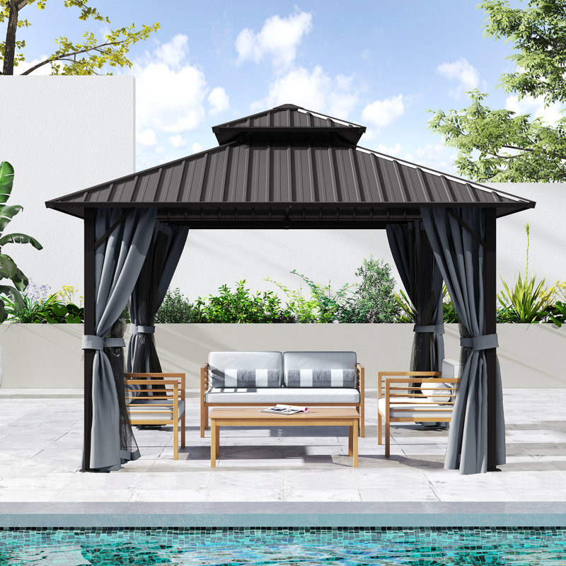 D Pavillon de jardin en aluminium à toit double avec toit et rideaux, H 77,4 po x l 122,4 po x P 122,4 po, Gris, Gris