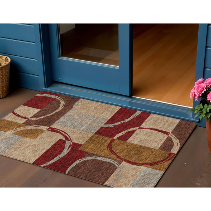 3' X 5' Wheat And Burgundy Geometric Washable Indoor Outdoor Area Rug