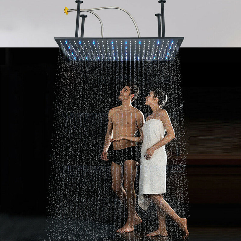 LED Luxury Large Ceiling Rectangle Rainfall Shower Head, 16x32inch High Pressure Rain Showerhead with Silicone Nozzles Full Body Fixed Showerheads For Modern Bathroom, Black Finish